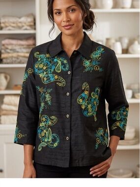 Choices Floral Embroidered Black Silk Poly Blend Shirt Blouse M